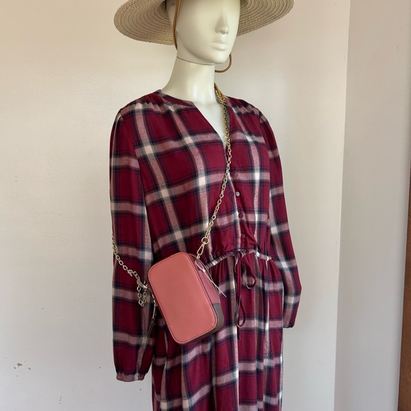 Time and Tru Dresses & Skirts - time and tru L Plaid Button-Front Drawstring Waist Dress in Burgundy l new